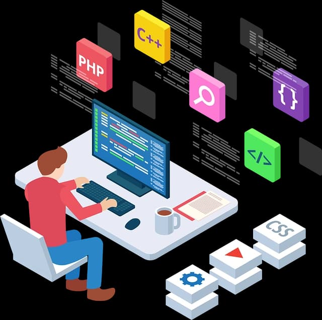 Web Development Vector - Vector of user at a computer with various tiles above him showing diferent coding symbols