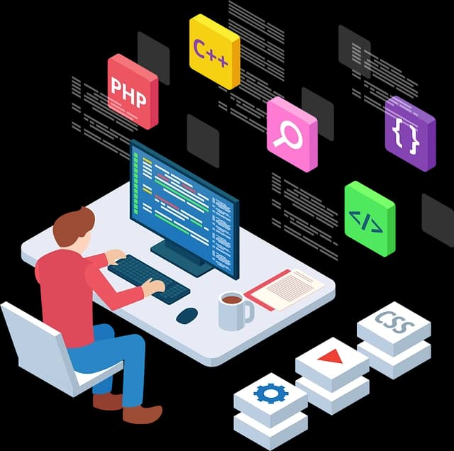 Web Development Vector - Cartoon of user at a computer with various buttons above him showing diferent coding symbols